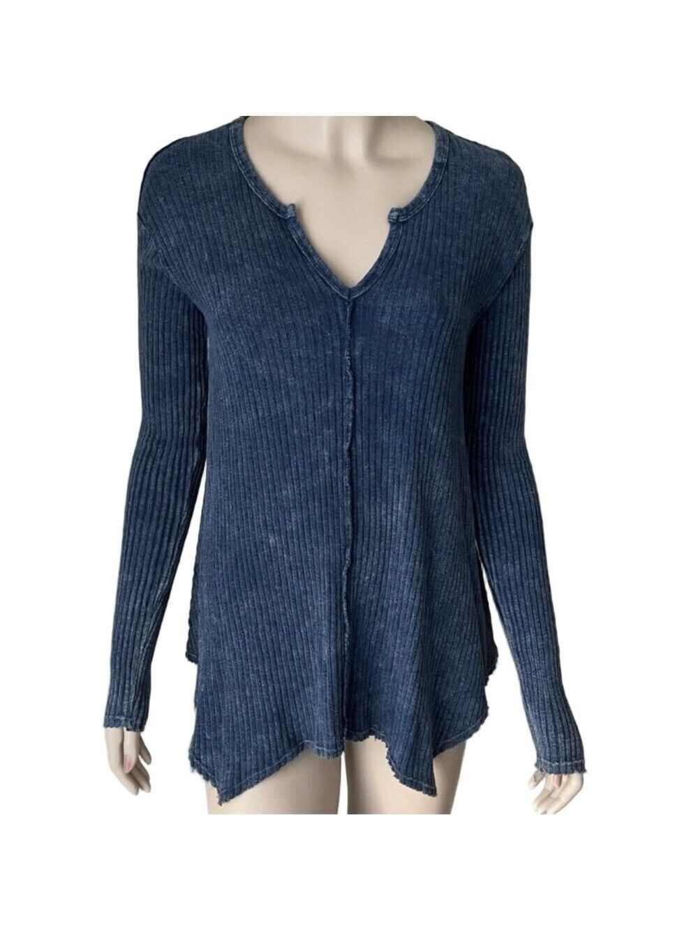 Vintage Havana Blue V-Neck Ribbed Hanky Raw Hem Long Sleeve Tunic Size Small